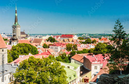 Old buildings at the Old Town, harbor and downtown in Tallinn, Estonia, viewed from above on a sunny day in the summe photo