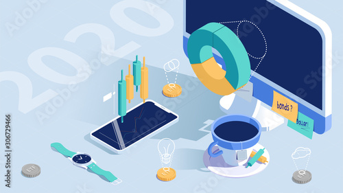 ETF, Strategic financial management concept. Business strategy. Success in the business. 3d isometric design. Vector illustration.