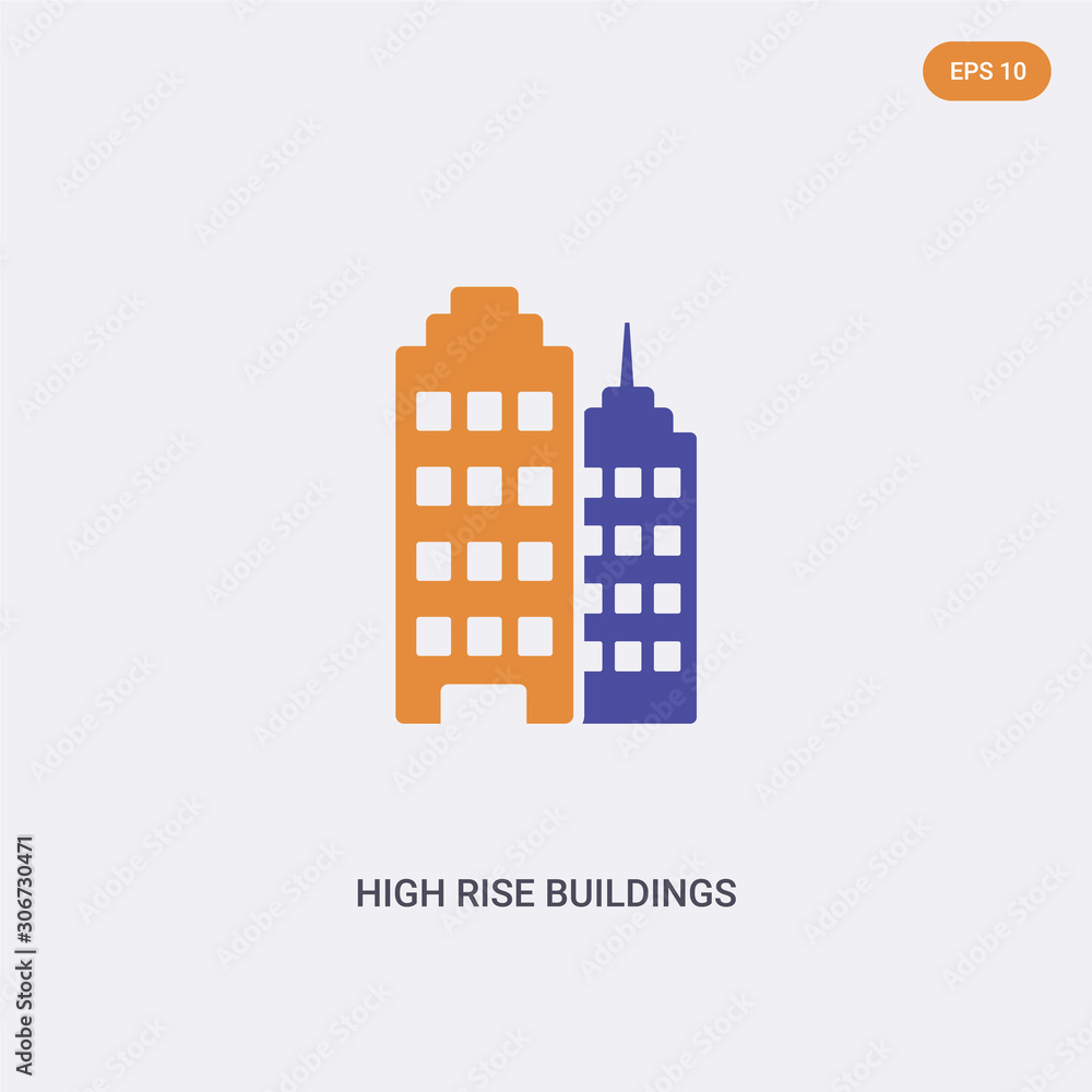 2 color high rise buildings concept vector icon. isolated two color high rise buildings vector sign symbol designed with blue and orange colors can be use for web, mobile and logo. eps 10.