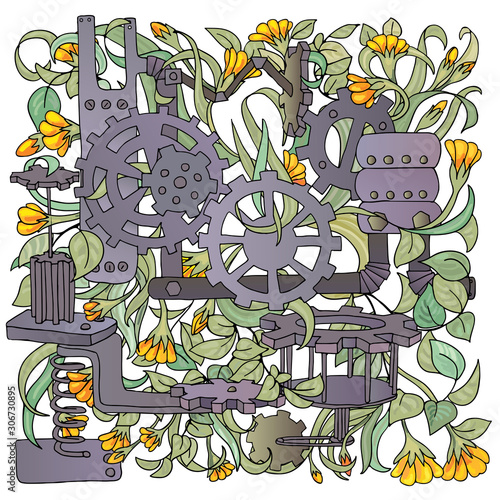 Creative bright steampunk mechanical floral background pattern made of colorful gears with flowers and leaves on white background. Ecological concept. Vector illustration.