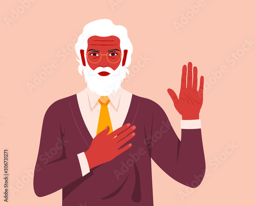 Old man swears an oath. Serious businessman makes sincere promise, keeps one hand on heart, raises palm, demonstrates loyalty gesture being honest. Vector flat illustration