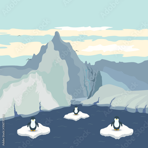 Vector illustration with the view of the Antarctic, ice floes and penguins. Happy New Year. Winter and New Year print design. Cartoon style. Cute card. Picture with landscape.