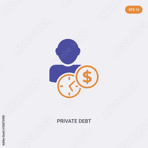 2 color Private debt concept vector icon. isolated two color Private debt vector sign symbol designed with blue and orange colors can be use for web, mobile and logo. eps 10.