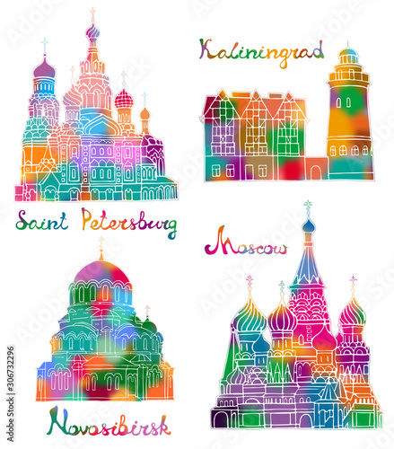 Stilyzed Russian architecture. Set of color silhouettes of famous buildings located in Moscow, Saint Petersburg, Kaliningrad, Novosibirsk. Vector illustration. Business Travel and Tourism.