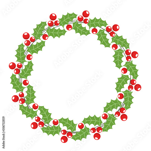 Christmas holly berry wreath round frame for holiday greeting cards, stock vector illustration