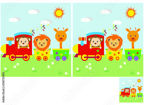 Children's puzzles, find 10 differences. Educational game for children. circus animals go by train
