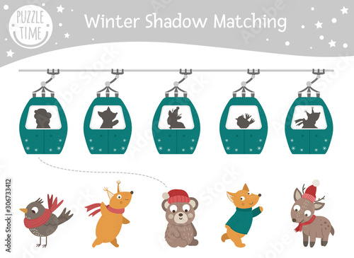 Winter shadow matching activity for children with animals in funicular cable cars. Cute funny smiling fox, squirrel, bird, bear, deer. Find the correct silhouette game..