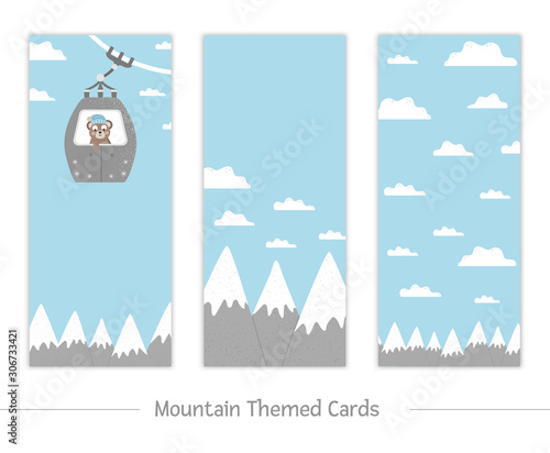 Set of vector vertical cards with snow covered mountains, clouds, funicular cable car with cute bear inside. Winter activities flyer. Funny cold season illustration for kids.