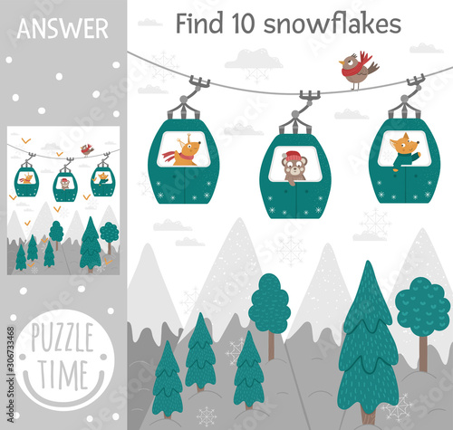 Winter searching game for children with mountains, forest, trees, animals in funicular cable cars. Cute funny smiling characters. Find hidden snowflakes..