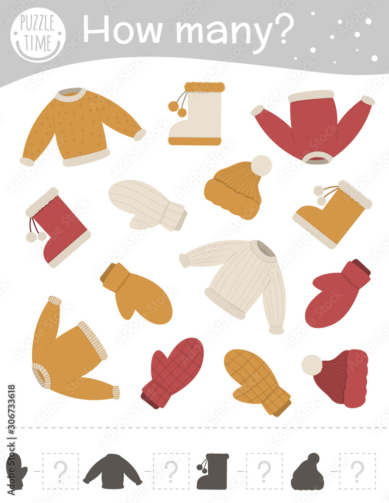 Winter counting game with warm clothes. Winter math activity for preschool children. How many objects worksheet. Educational riddle with cute funny pictures.. Winter counting game with warm clothes. Winter math activity for preschool children. How many objects worksheet. Educational riddle with cute funny pictures..