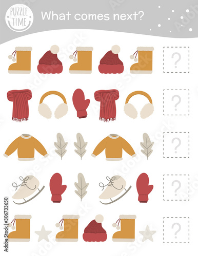What comes next. Winter matching activity for preschool children with clothes and objects. Funny game for kids. Logical quiz worksheet. Continue the row..