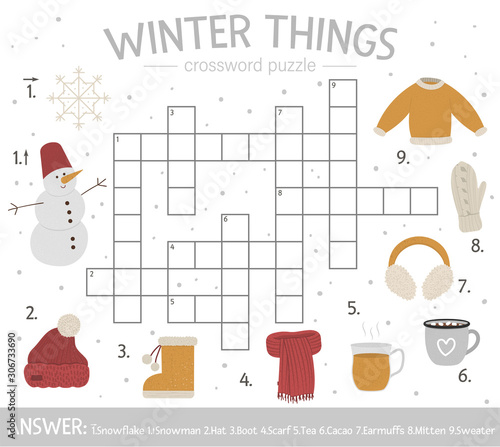 Vector winter things crossword puzzle. Bright and colorful winter quiz for children. Educational activity with cold season elements..