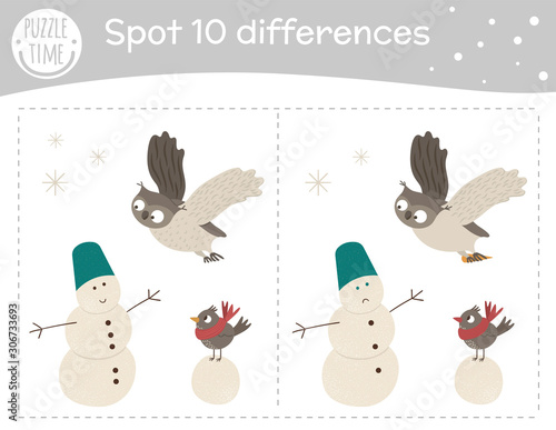 Winter find differences game for children. Holyday festive preschool activity with owl and bird building snowman. Puzzle with cute funny smiling animal characters..