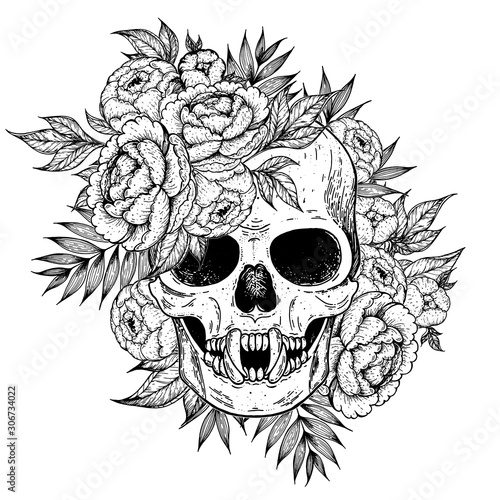 Skull and flowers hand drawn illustration. Tattoo vintage print. Skull sketch.