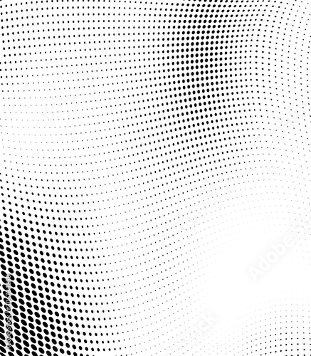 Abstract wave of halftone texture. Chaotic background of black dots on a white field. Template for printing on wrapping paper