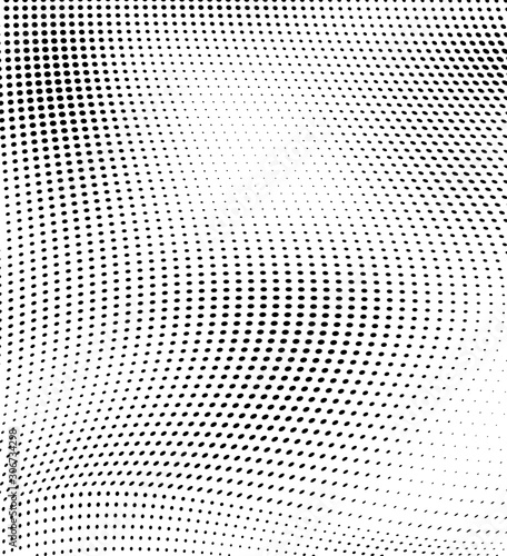 Abstract wave of halftone texture. Chaotic background of black dots on a white field. Template for printing on wrapping paper