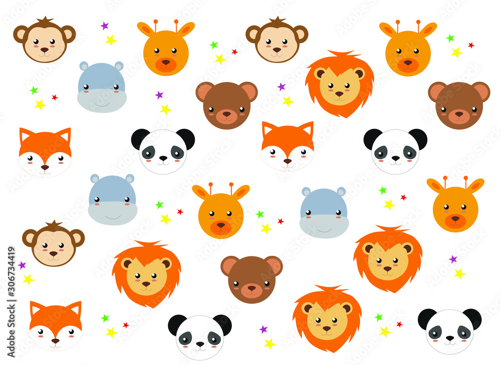 background with cartoon circus animal heads (panda, lion, giraffe, bear, monkey, fox, hippopotamus)
