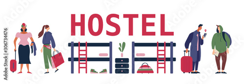Diverse Young People Living in Hostel. Male and Female Tourist Characters Move into Motel for Staying at Night, Cheap Accommodation for Students or Travelers. Cartoon Flat Vector Illustration, Poser