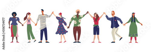 Friends characters. People standing together and holding hands, cartoon friendship and unity concept. Vector illustrations happy flat boys and girls join hands up.  Isolated on white background.