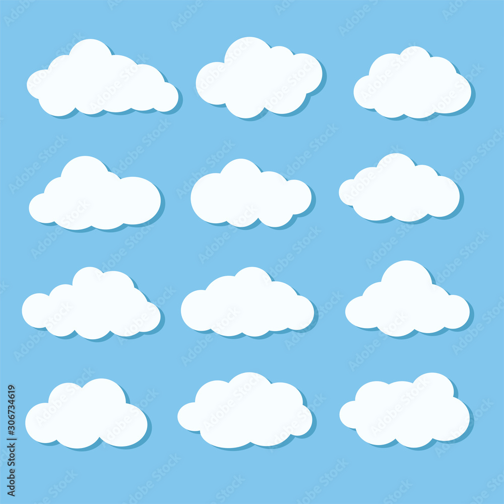 Set of different white cloud icons on blue sky for design elements, stock vector illustration