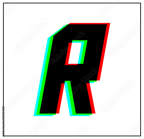 The Letter R. Dynamic, split  color design and unique font, shadow of  number blue, green, red. in black thin frame and on white background. 