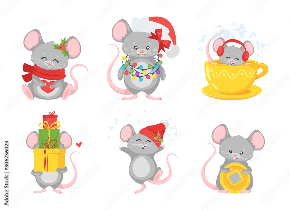 Obraz premium Christmas mouse flat illustrations set