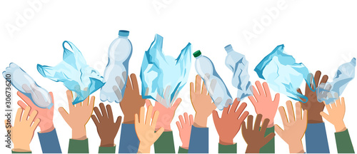 bottle in hands. plastic pollution. Empty used dirty plastic trash bottles.planet without plastic, non-degradable debris. planet day, rejection of plastic. vector illustration.