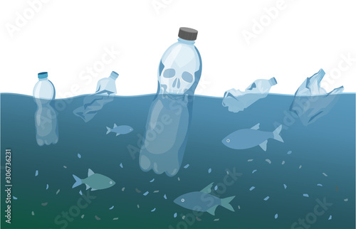 Sea microplastic garbage .Plastic world ocean pollution. Garbage in sea. Plastic bottles and trash floating in water. Underwater inhabitants. vector illustration.
