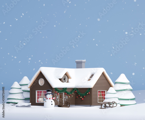 Abstract winter home with snowman in front  christmas decorated stylized house  3D Rendering  3D Illustration