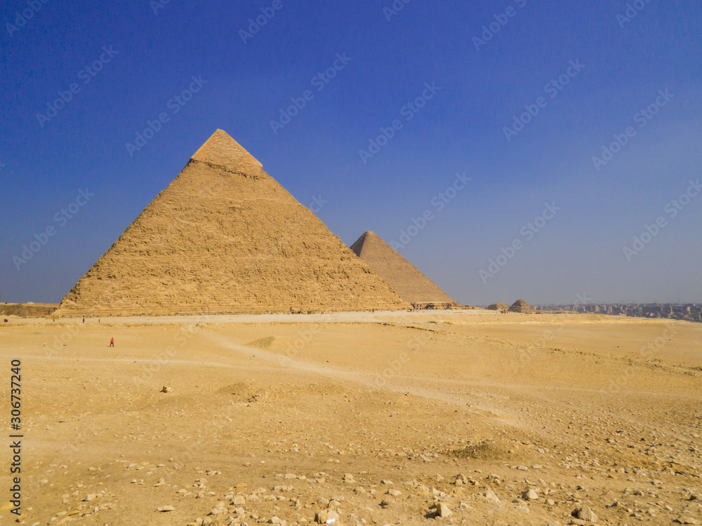 View of the Pyramids of Giza. In Cairo, Egypt