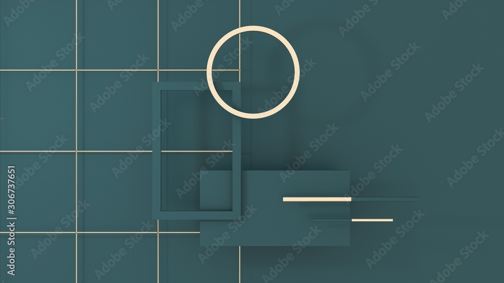 Abstract composition of geometric objects - 3d, render. Symbol, emblem, sign of simple objects with golden elements and grid - top view.Modern, minimalistic mock up for presentations, digital design. 
