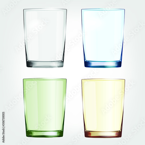 Transparent empty glasses of different colors drawn in vector eps