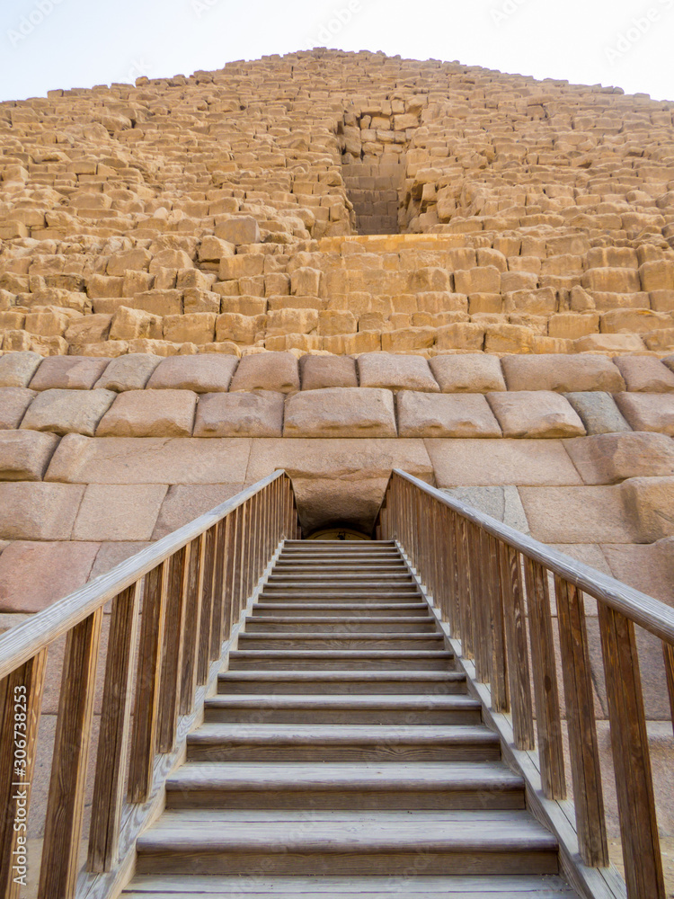 View of the entrance to the Pyramid of Menkaure on the Giza Necropolis. In Cairo, Egypt