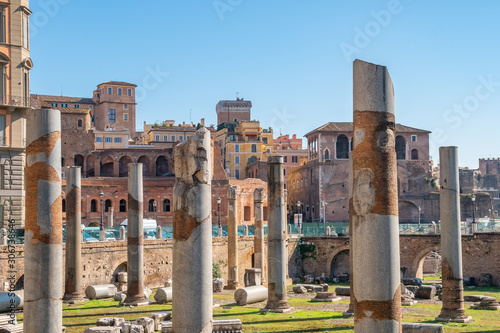 Ancient historical Traian Forum with column ruins in Rome.