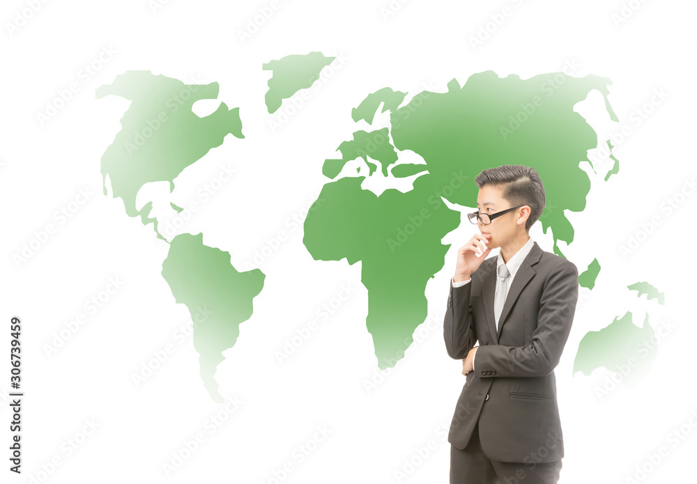 Youth business thinking about green world idea for future concept, Young asian business man holding pencil and thinking with green world map on thebackground Youth business thinking about green world idea for future concept, Young asian business man holding pencil and thinking with green world map on thebackground