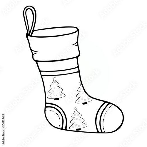 Christmas sock, stocking with pattern of Xmas tree. Vector illustration  isolated on a white background. Elements for Greeting card Merry Christmas And Happy New Year. Hand drawn. Coloring page book.