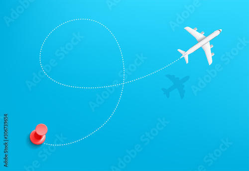 Airplane travel travel concept vector illustration. Travel trajectory with start point