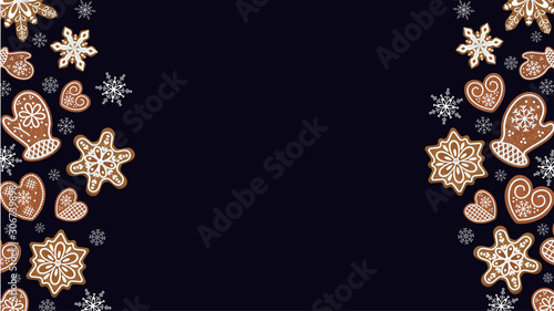 Christmas banner with a double-sided vertical border of Christmas ginger cookies on a dark background