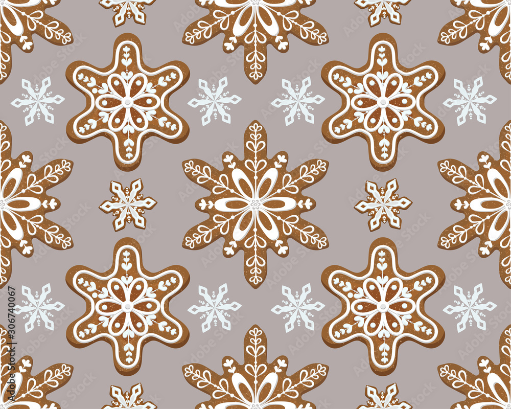 Openwork snowflakes on Christmas gingerbread cookie, seamless pattern. Openwork snowflakes on Christmas gingerbread cookie, seamless pattern.