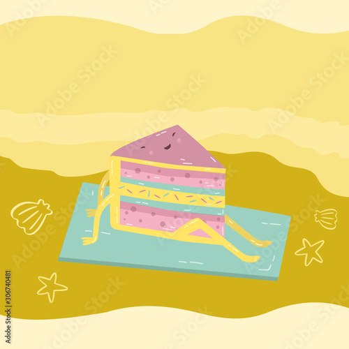 Funny cake is tanning in the sun. Flat style hand drawn line art cake design of poster.