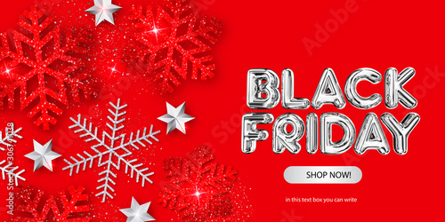 Black Friday Super Sale Red background Silver text lettering. Horizontal banner, poster, header website. vector illustration