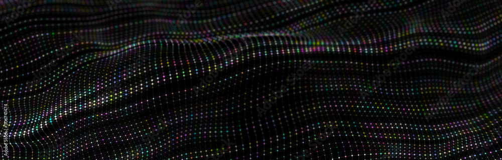 Wave 3d. Wave of particles. Abstract Blue Geometric Background. Big data visualization. Data technology abstract futuristic illustration. 3d rendering. Wave 3d. Wave of particles. Abstract Blue Geometric Background. Big data visualization. Data technology abstract futuristic illustration. 3d rendering.