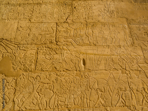 Hieroglyphics on wall in the Ramesseum Temple in Luxor, Egypt
