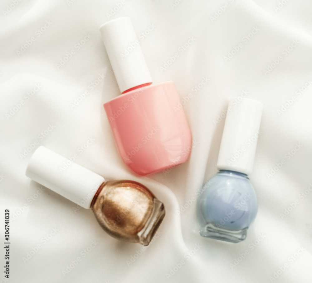 Nail polish bottles on silk background, french manicure products and  nailpolish make-up cosmetics for luxury beauty brand and holiday flatlay  art design Stock Photo | Adobe Stock