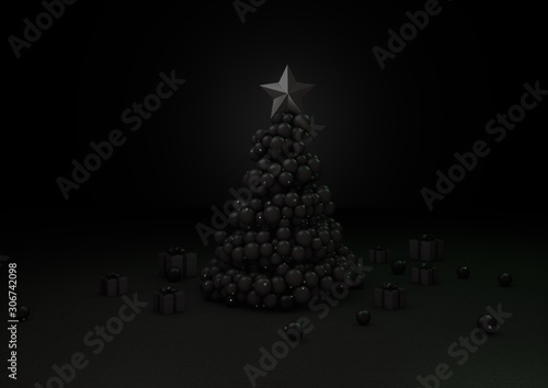 3d illustration of Christmas tree made of black balls on black background with presents box