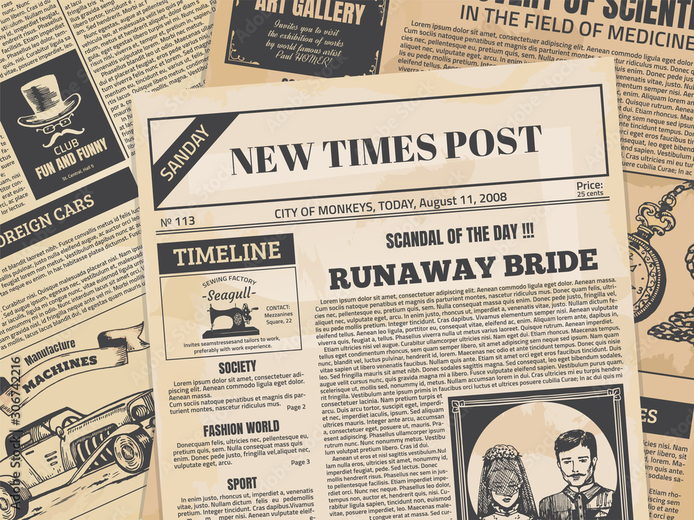 Vintage newspaper. Retro newsprint backdrop or magazine page with grunge  texture and old headers. Vector editorial ancient paper news printing  template for vintage design cafe and creative background Stock ベクター | Adobe