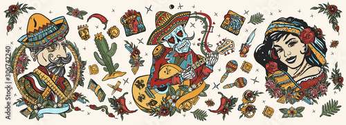 Mexico. Skeleton with guitar, mexican woman, bandit. Day Of Dead art. Old school tattoo vector collection. National culture and people. Traditional tattooing style