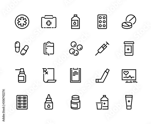 Drugs line icon. Medicine prescription, pharmacy recipes, pills capsules inhaler. Vector medical supplies for clinic and hospital, capsule and pill medication linear pictogram