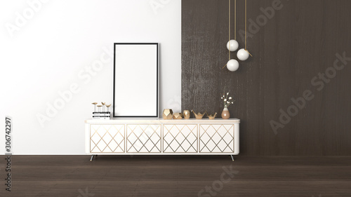 urban modern interior of a room with half white half wooden wall