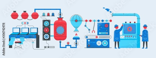 Factory conveyor concept. Industrial manufacturing technology process, computerized smart factory. Production vector illustration background with worker machines for business industries engineering